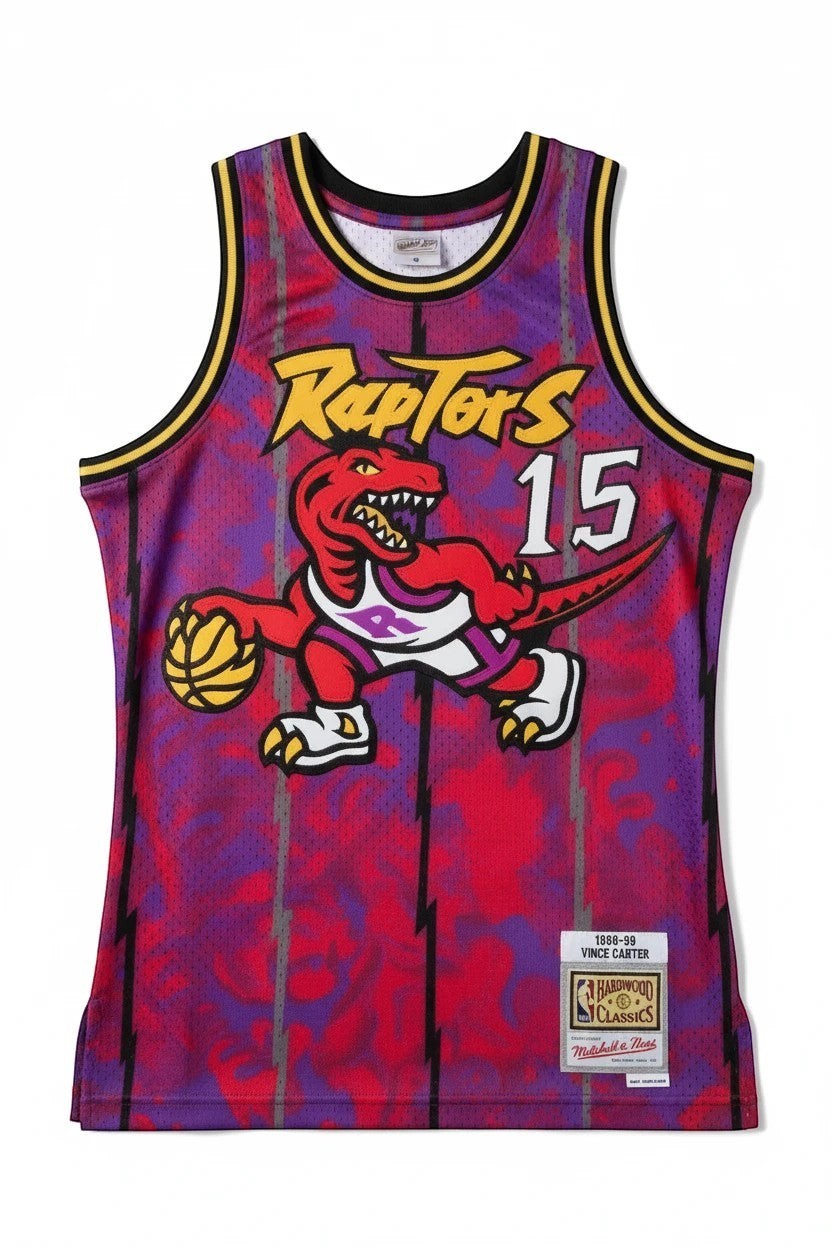 Throwback Rack Mitchell & Ness Toronto Raptors Vince Carter 1998-99 purple mesh basketball jersey with dinosaur graphic