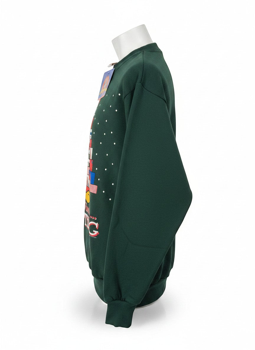 Throwback Rack green vintage Christmas sweatshirt with a festive tree graphic and white polka dots.