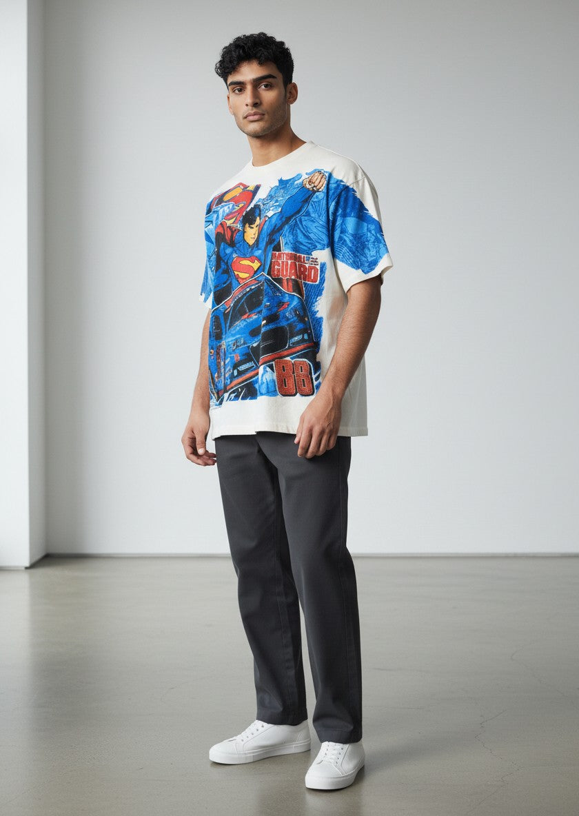Model wearing a Throwback Rack vintage Nascar Superman and Dale Earnhardt Jr. graphic t-shirt in off-white.