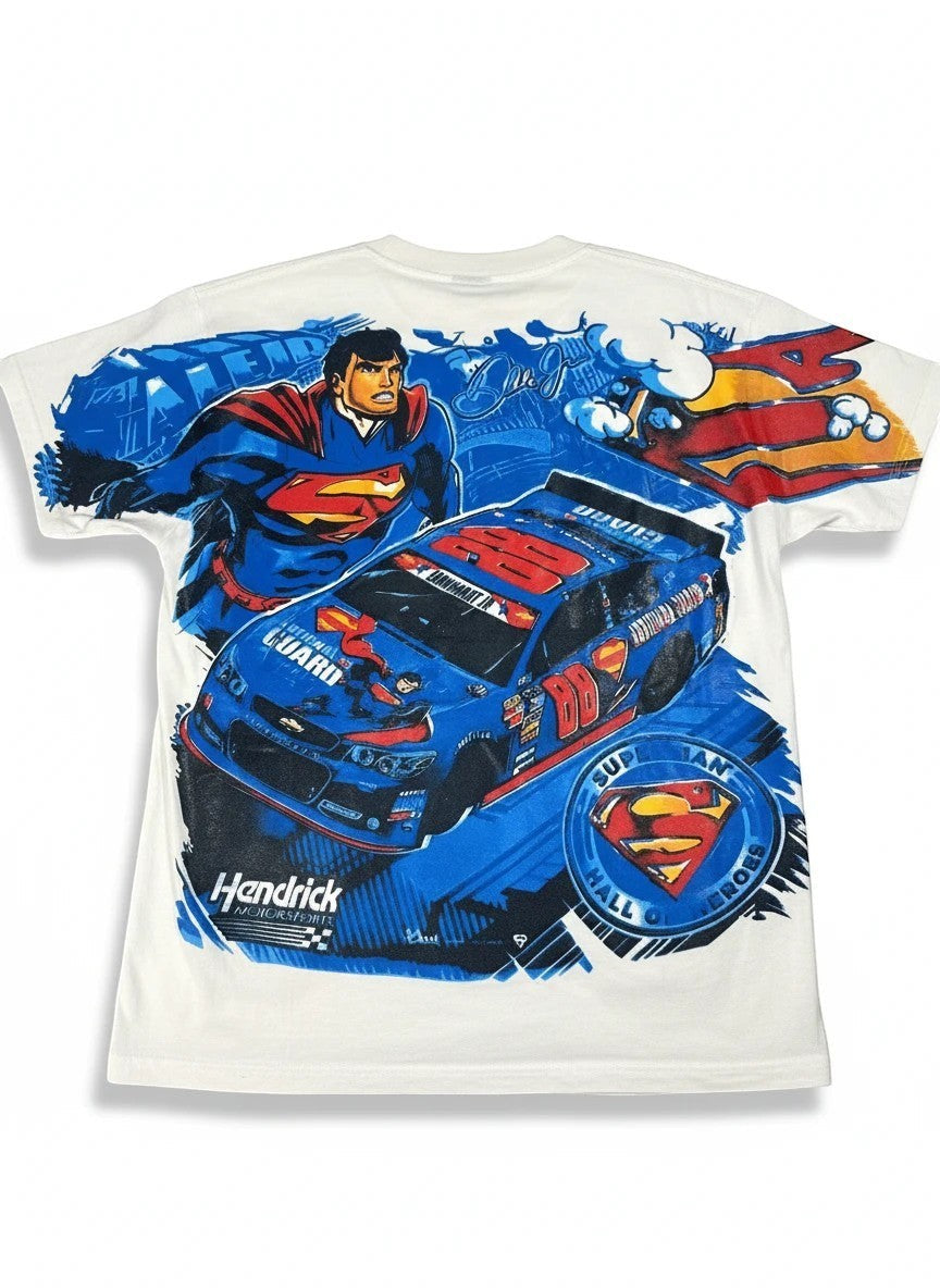 Throwback Rack vintage white Nascar Dale Earnhardt Jr. Superman graphic t-shirt with Hendrick Motorsports branding
