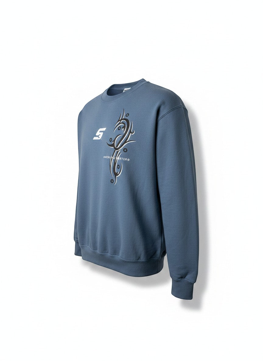 Throwback Rack blue vintage crew neck sweatshirt with tribal graphic and white 'S' logo on chest. Cotton blend.