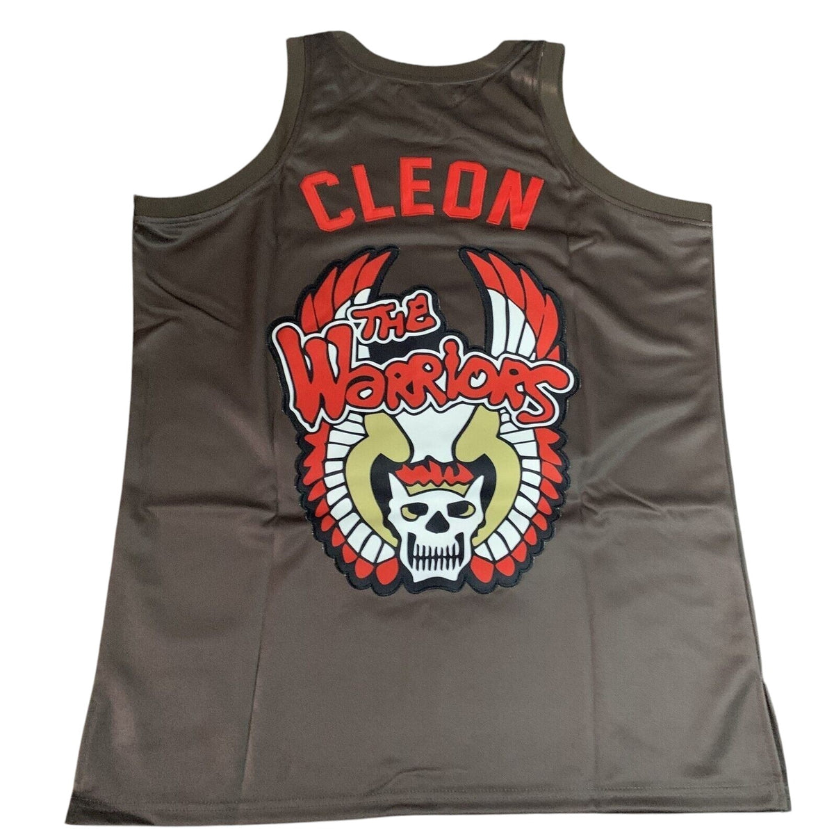 Throwback Rack brown athletic tank top featuring The Warriors Cleon graphic with skull and wings on the back