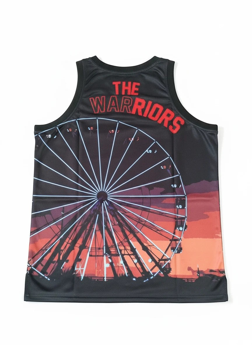 Throwback Rack The Warriors athletic tank top featuring a black ferris wheel silhouette and red typography on sunset