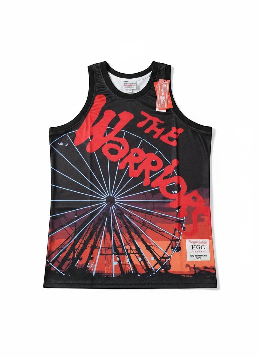 Throwback Rack The Warriors athletic tank top with black and red ferris wheel sunset graphic print and crew neck.