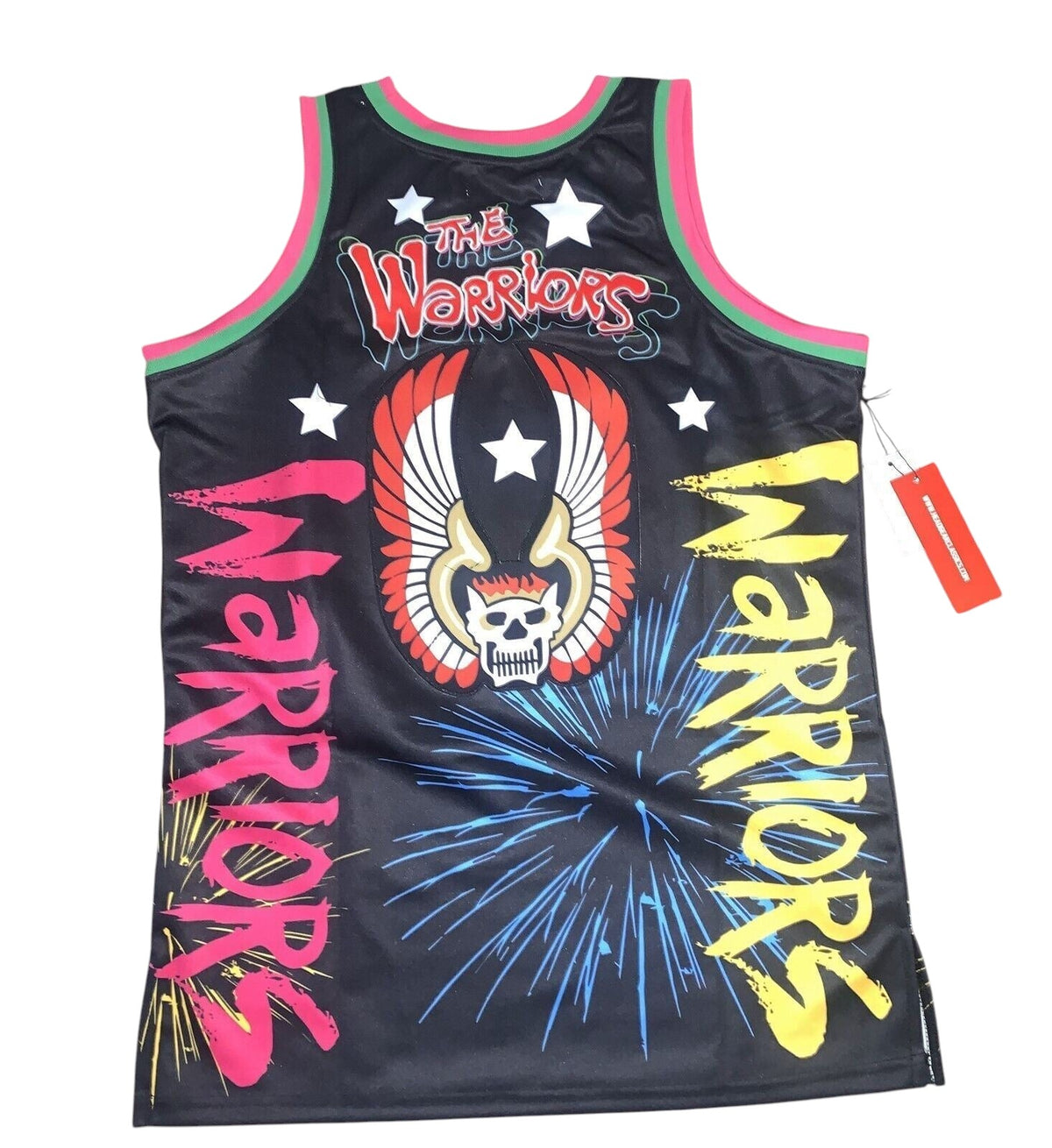 Throwback Rack black mesh basketball jersey featuring The Warriors movie graphics with pink and green ribbed trim.