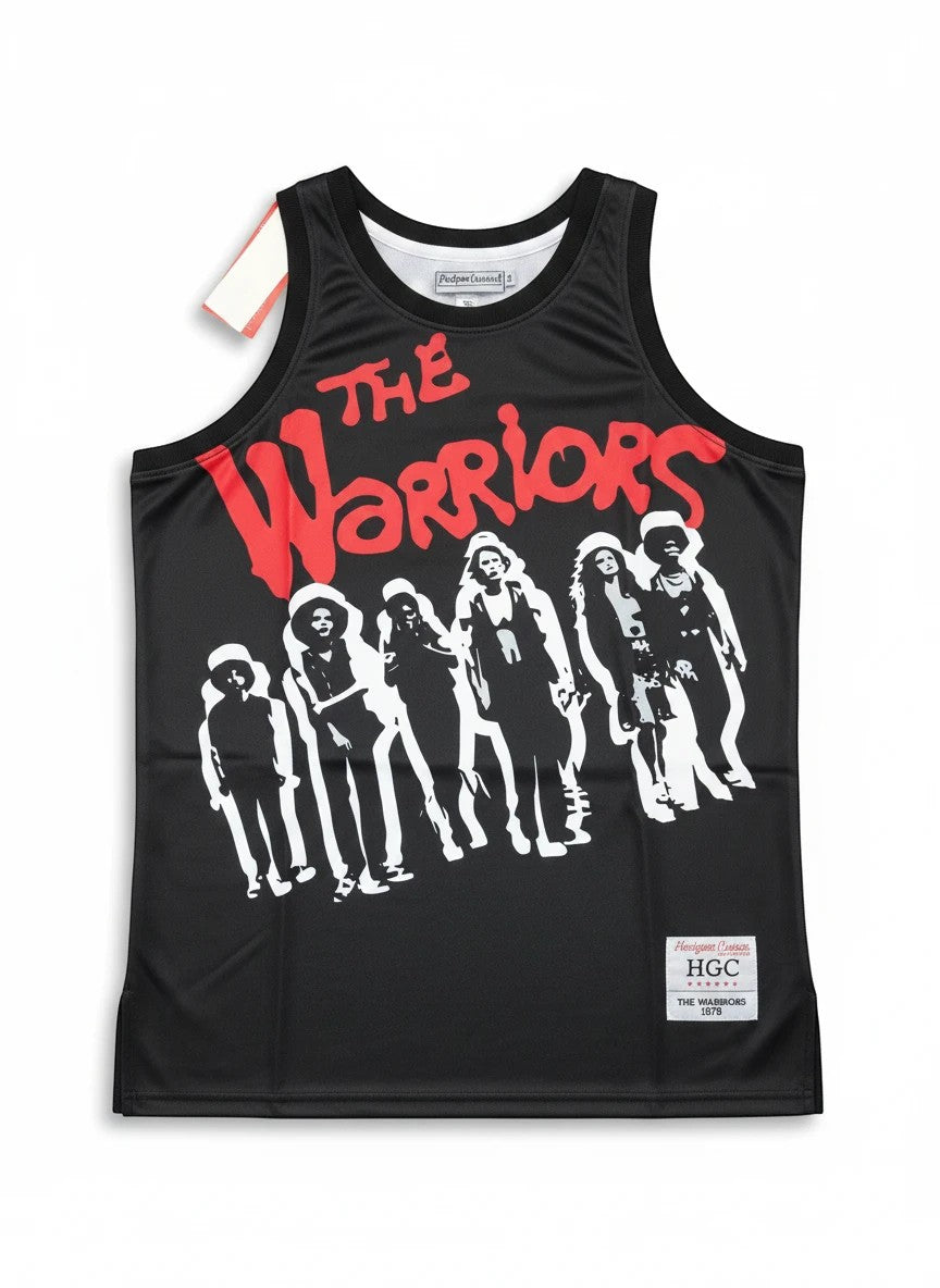 Throwback Rack black sleeveless jersey tank top featuring The Warriors graphic print and commemorative woven label.
