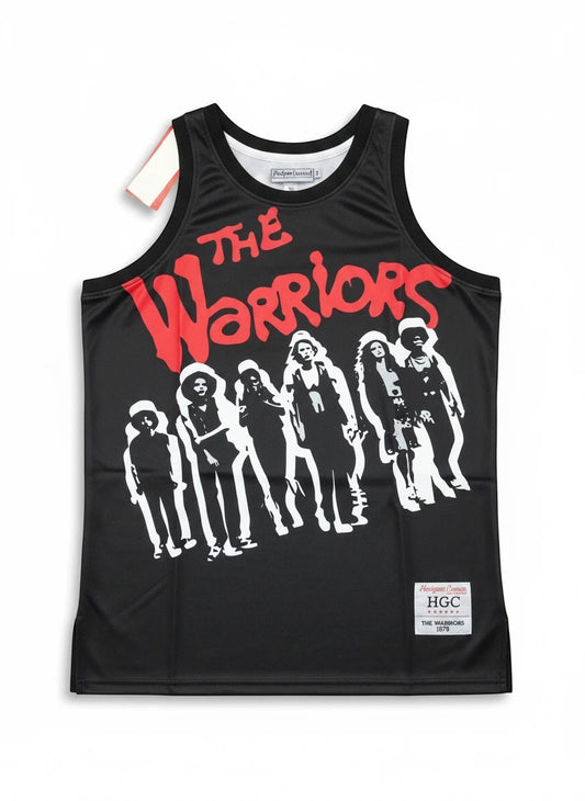 Throwback Rack black sleeveless jersey tank top featuring The Warriors graphic print and commemorative woven label.