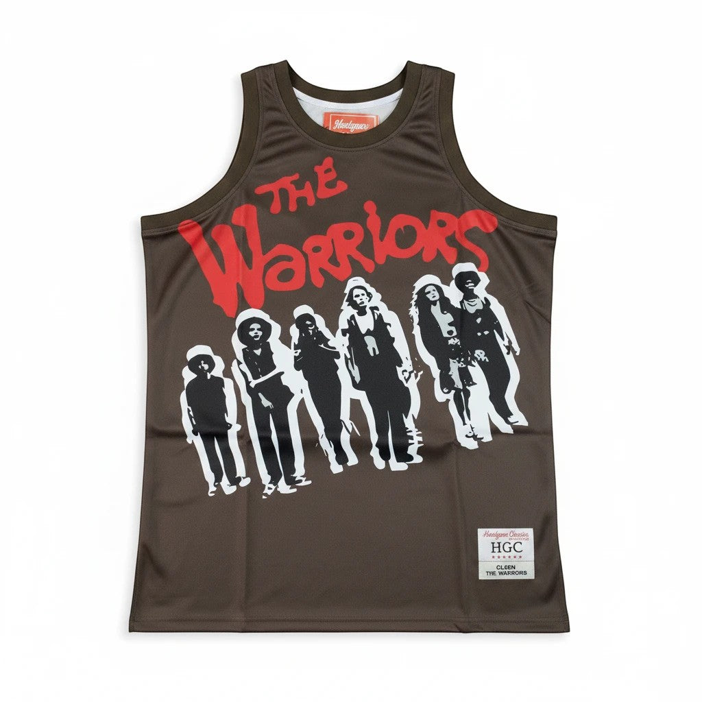 Throwback Rack brown athletic tank top featuring The Warriors movie gang silhouette graphic in red and white
