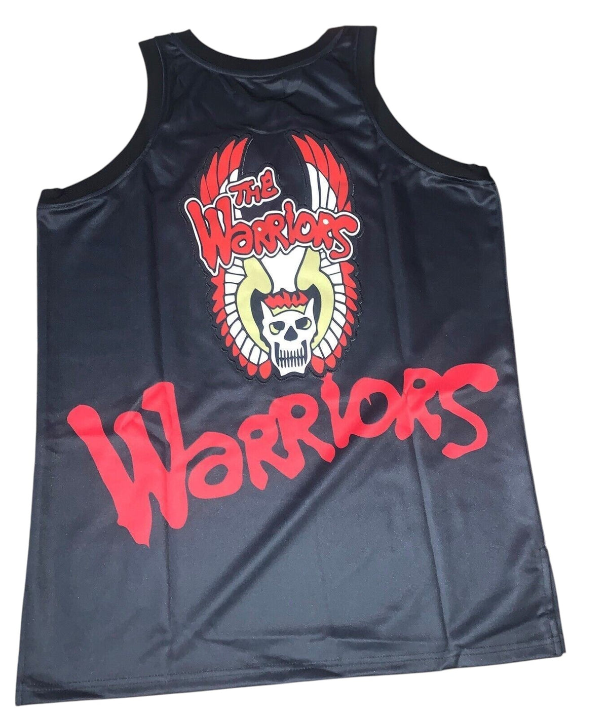 Throwback Rack black sleeveless jersey tank top featuring The Warriors graphic print with a skull and red lettering.