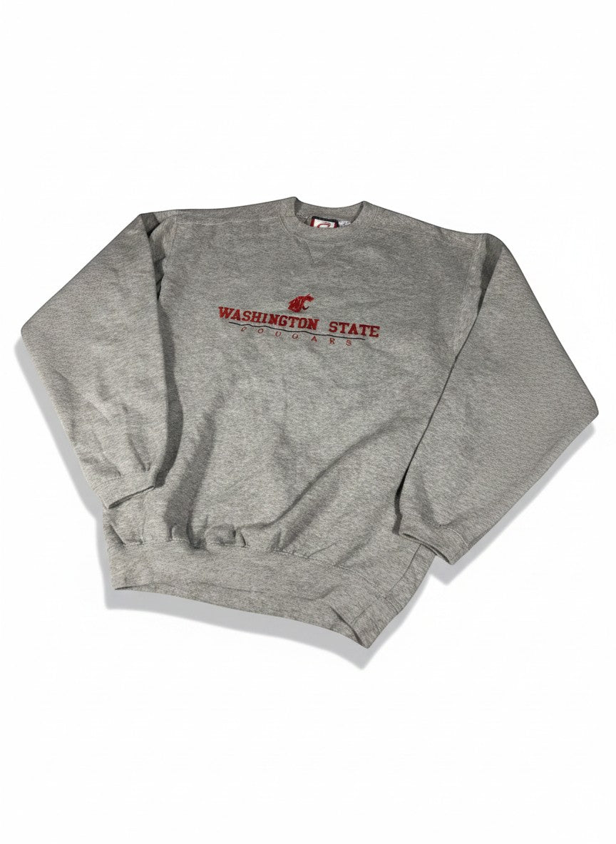 Throwback Rack grey Washington State Cougars crewneck sweatshirt with red embroidered text and logo.