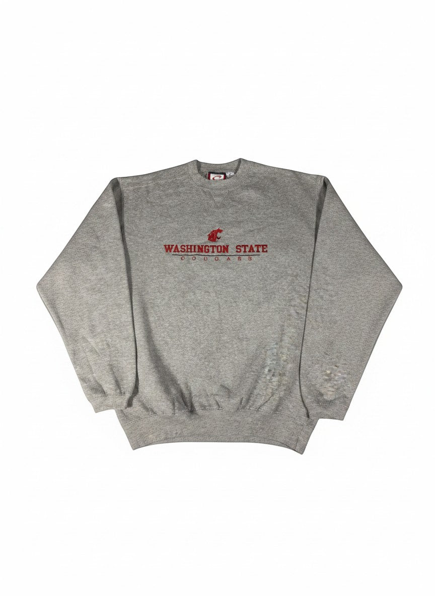 Throwback Rack grey Washington State Cougars crewneck sweatshirt with embroidered red logo and text. Size M.