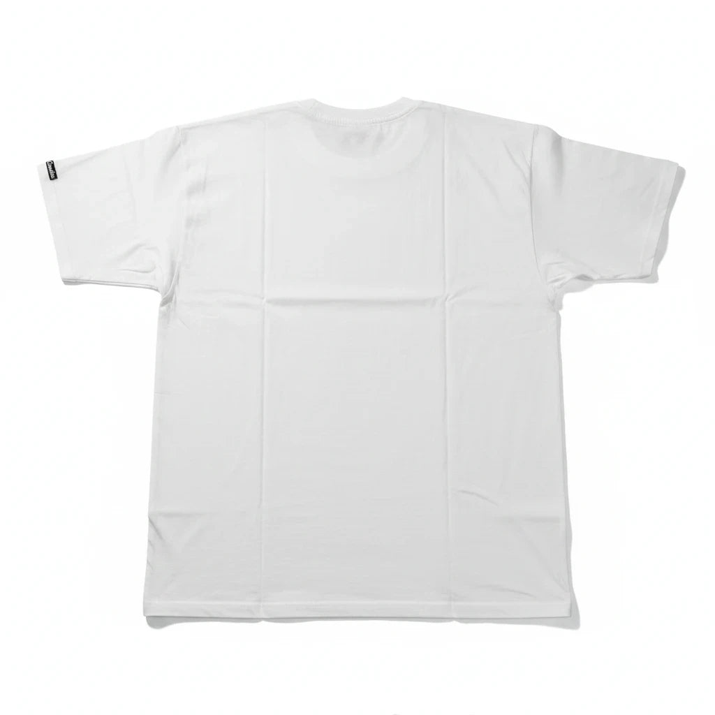 Throwback Rack white crewneck t-shirt from the Death Row Records x Crooks & Castles collaboration, back view.