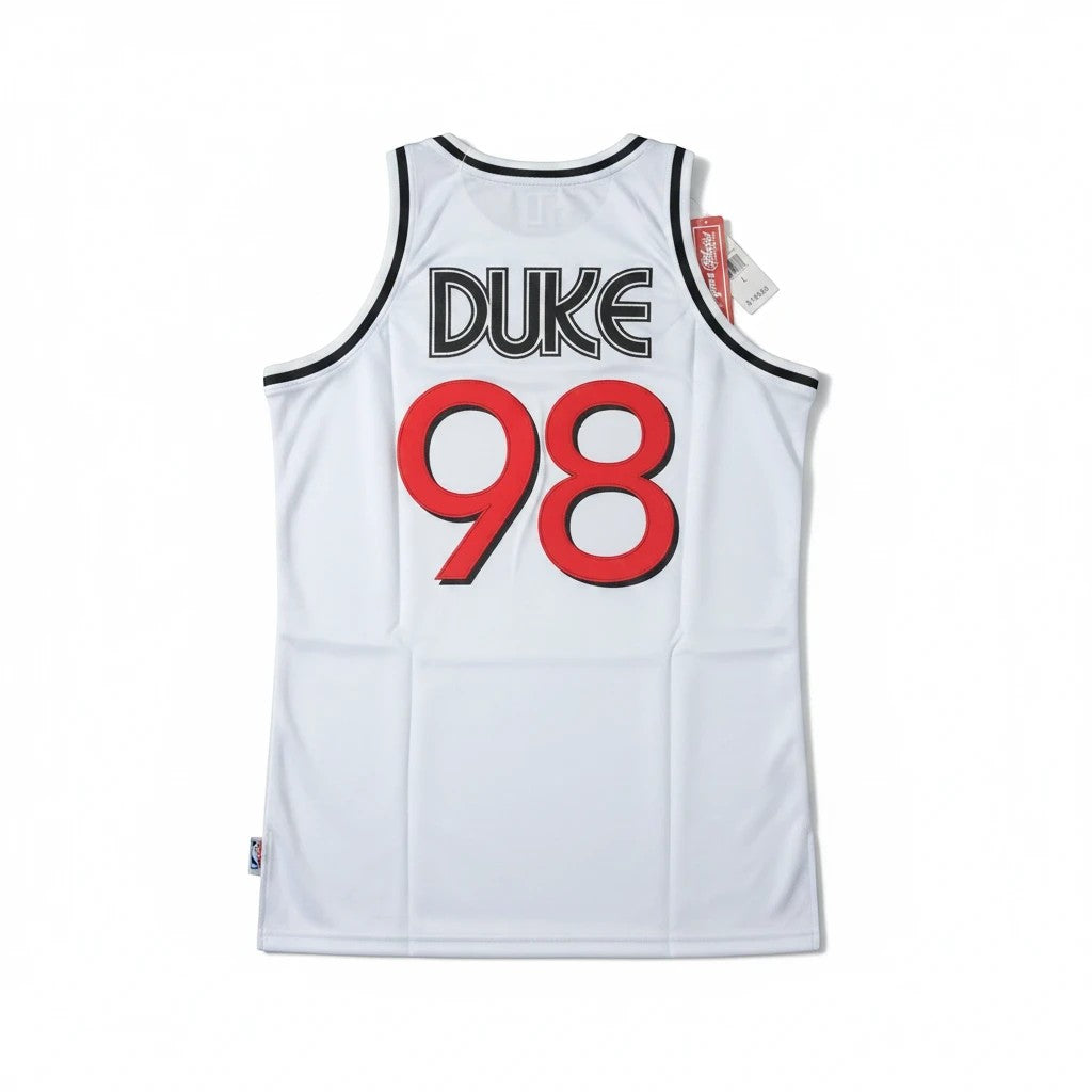 Throwback Rack white Fear and Loathing in Vegas basketball jersey with Duke 98 graphic on the back