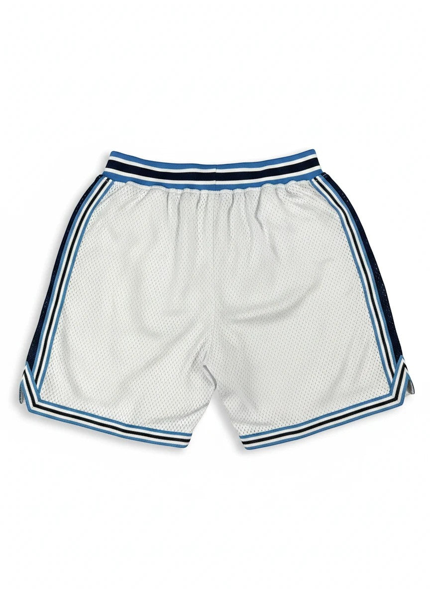 Throwback Rack white mesh basketball shorts with blue and black striped elastic waistband and side trim detail.