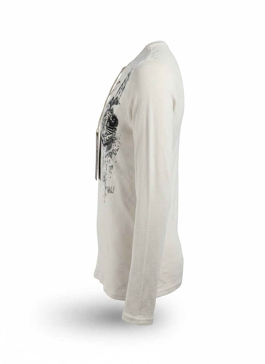 Throwback Rack white Y2K thermal long sleeve shirt with distressed graphic print and lace-up neckline.
