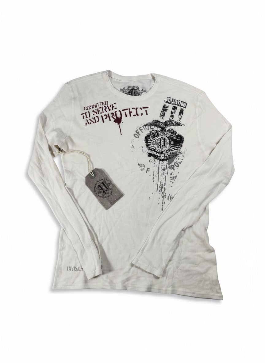 Throwback Rack white Y2K thermal long sleeve shirt with distressed graphic print and "COMMITTED TO SERVE AND PROTECT" text.