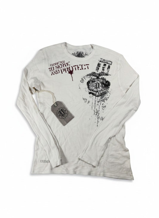 Throwback Rack white Y2K thermal long sleeve shirt with distressed graphic print and "COMMITTED TO SERVE AND PROTECT" text.