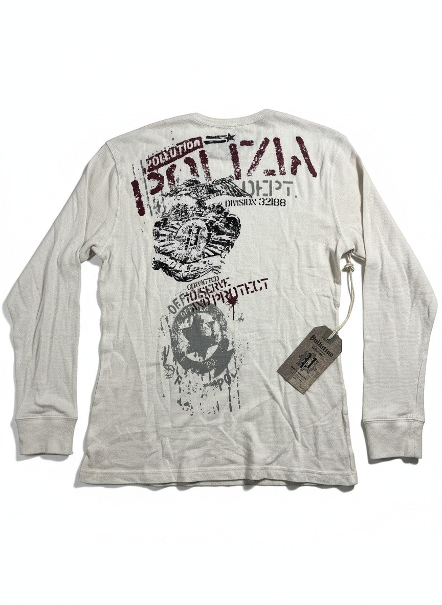Throwback Rack white Y2K thermal long sleeve shirt with distressed graphic print and 'Pollution Dept.' text.