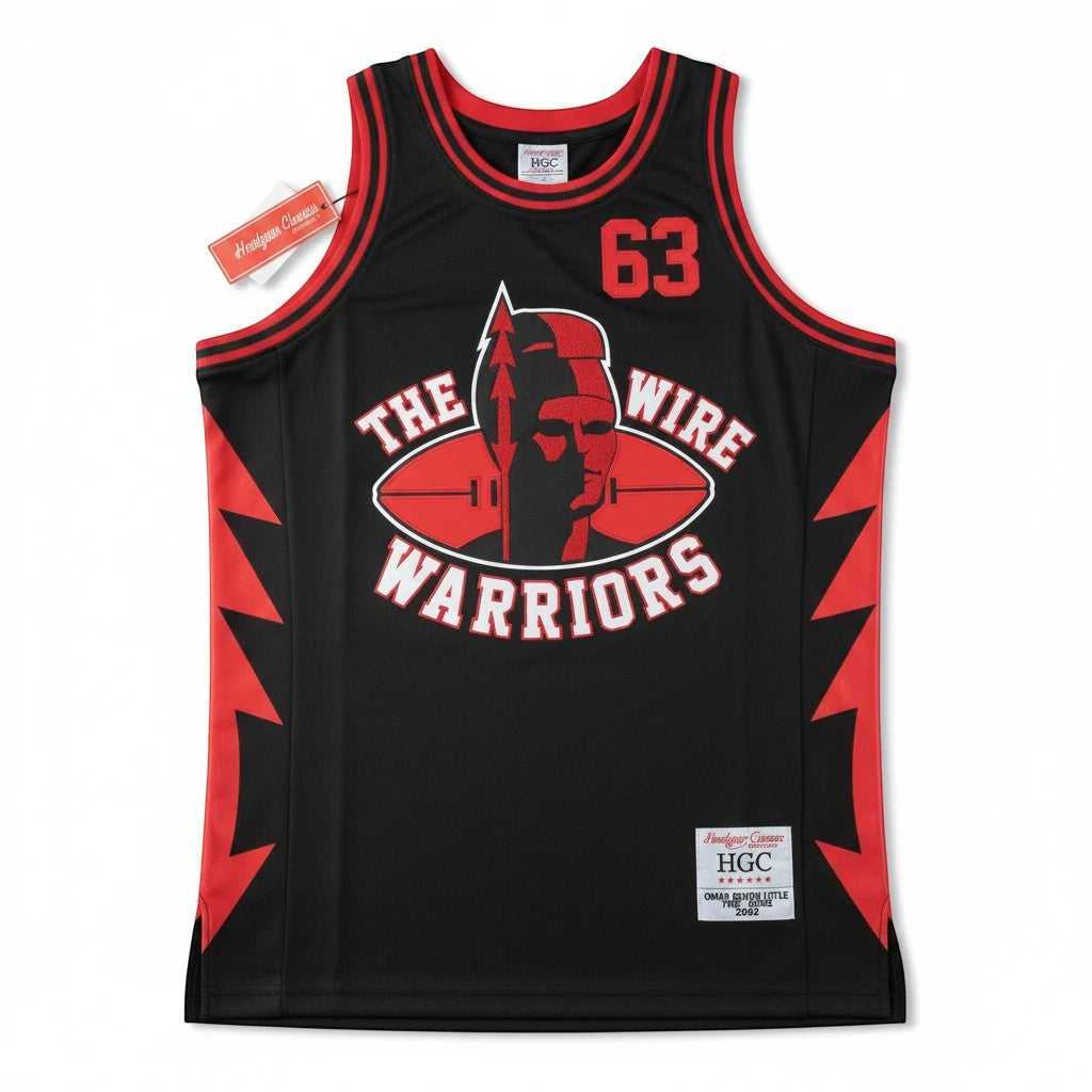Throwback Rack The Wire Warriors black and red mesh basketball jersey with number 63 and graphic print.