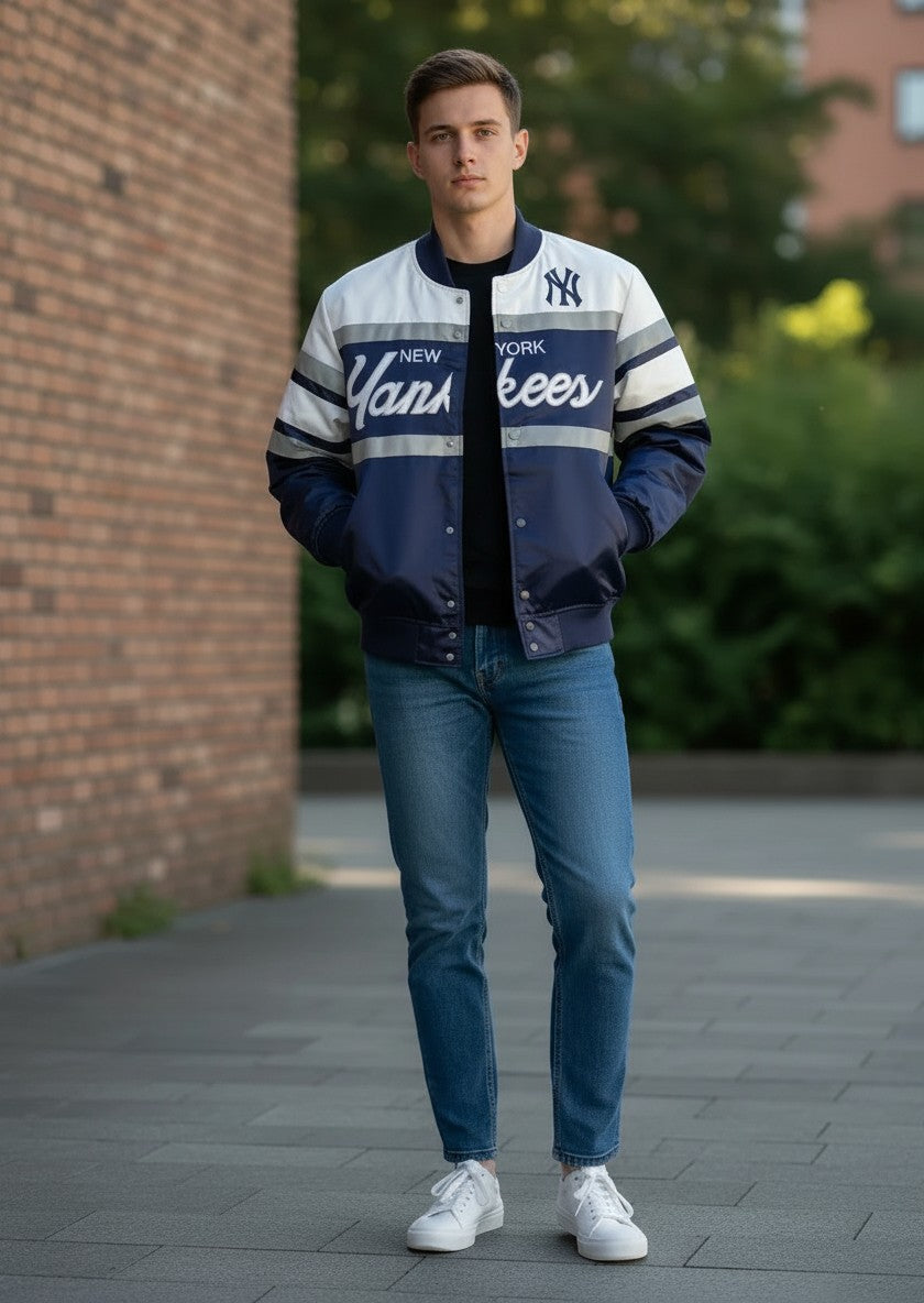 Throwback Rack Mitchell & Ness New York Yankees heavyweight jacket with embroidered script on a model