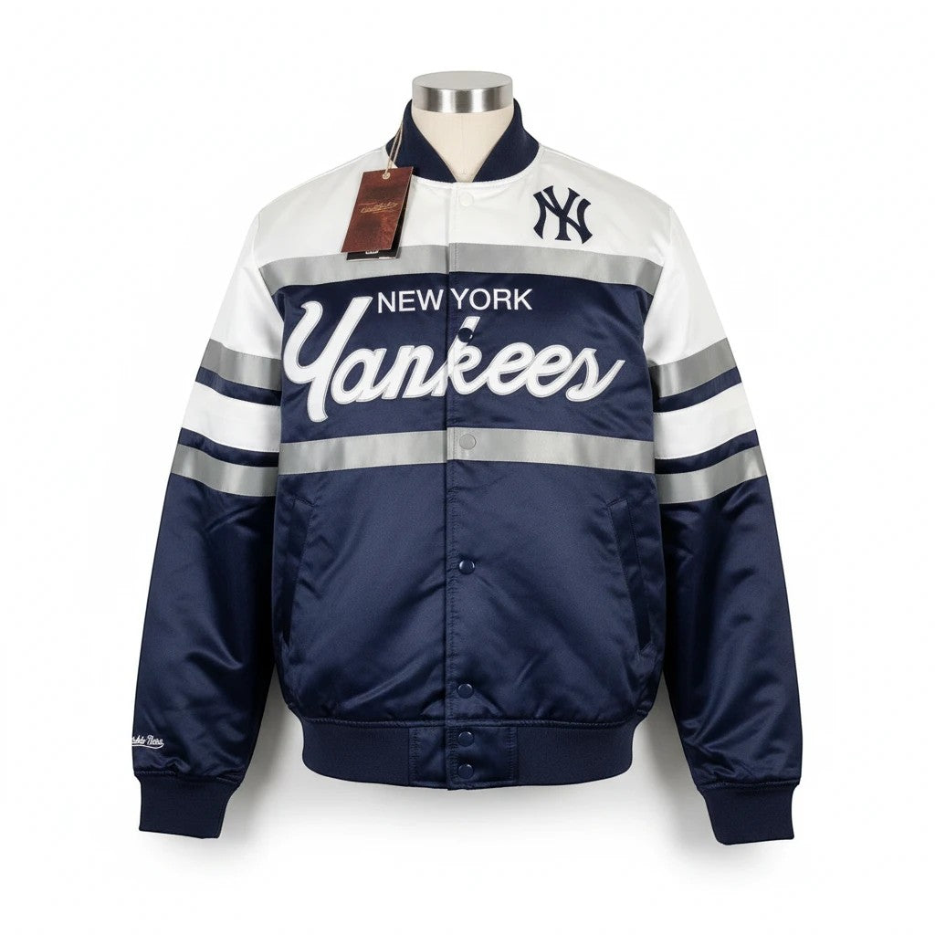 Throwback Rack Mitchell & Ness New York Yankees heavyweight satin varsity jacket with embroidered script logo