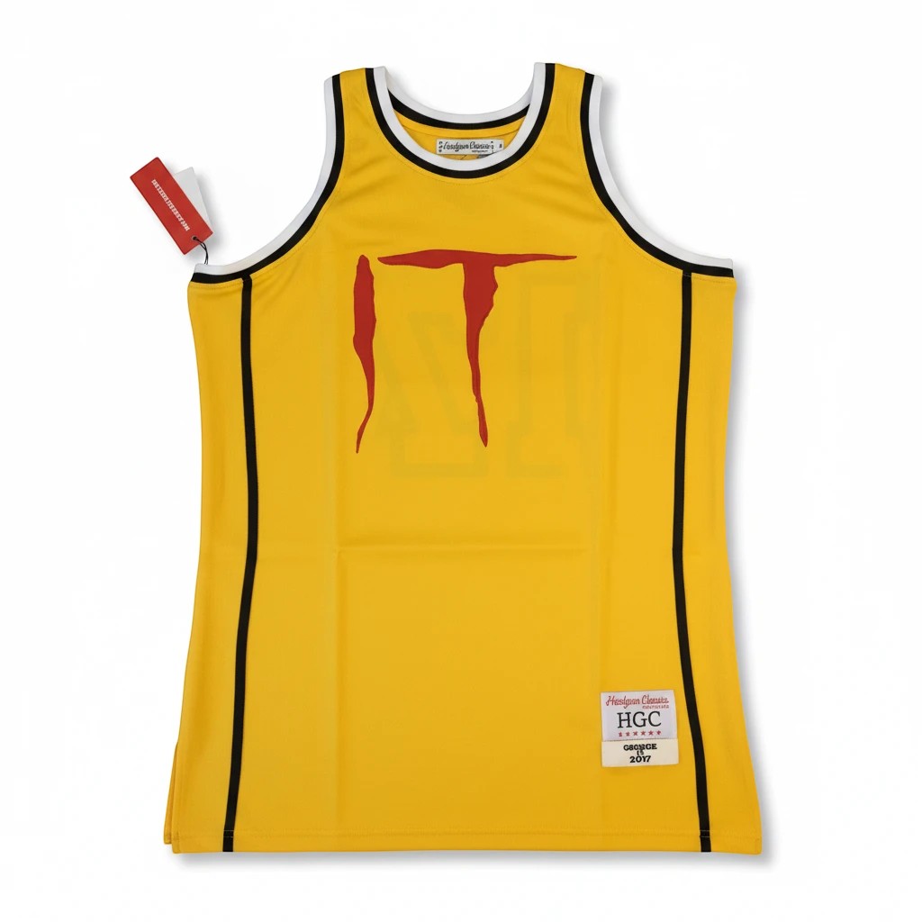 Throwback Rack yellow IT Georgie basketball jersey with red logo, black and white trim, and woven jock tag.