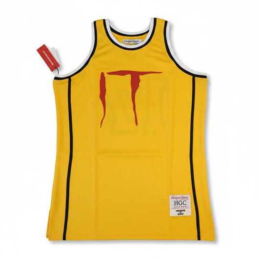 Throwback Rack yellow IT Georgie basketball jersey with red logo, black and white trim, and woven jock tag.
