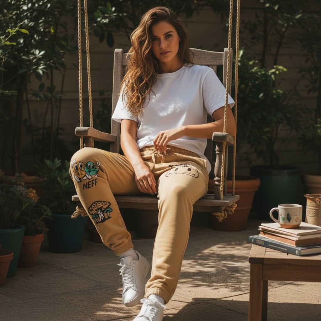 Throwback Rack yellow cotton sweatpants with mushroom and Neff graphics, worn by a man sitting on a swing.