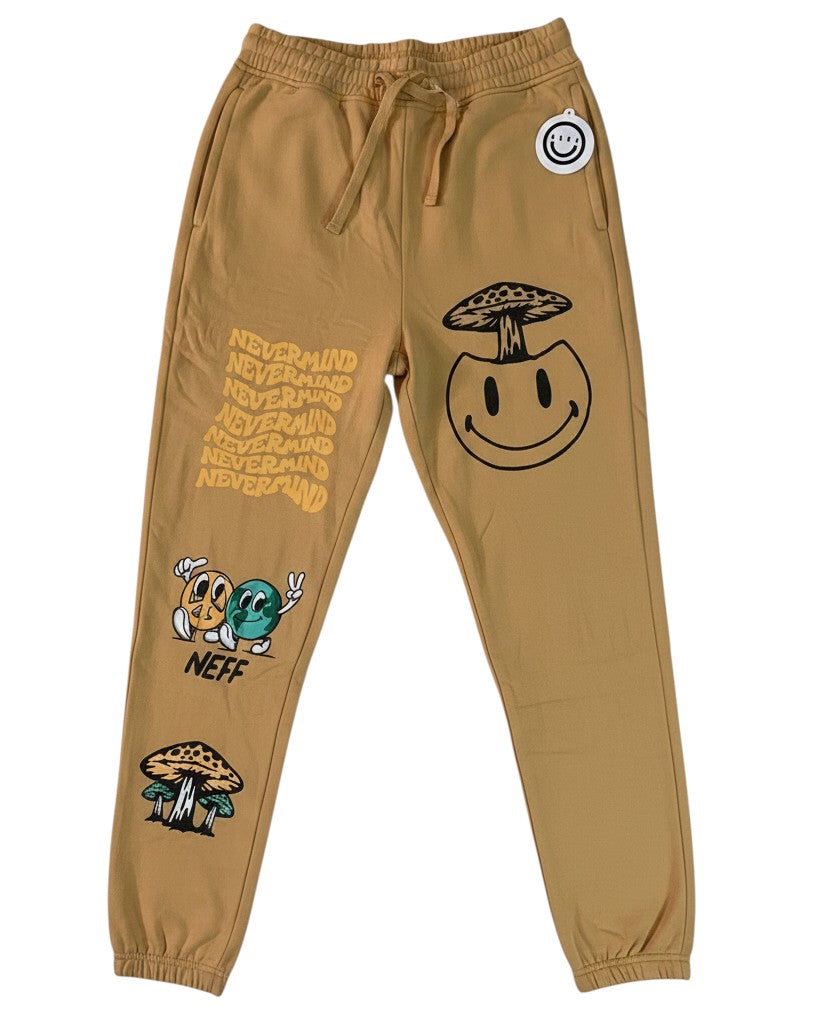 Throwback Rack yellow cotton blend sweatpants with mushroom smiley face and graphic prints. Elastic waist and cuffs.