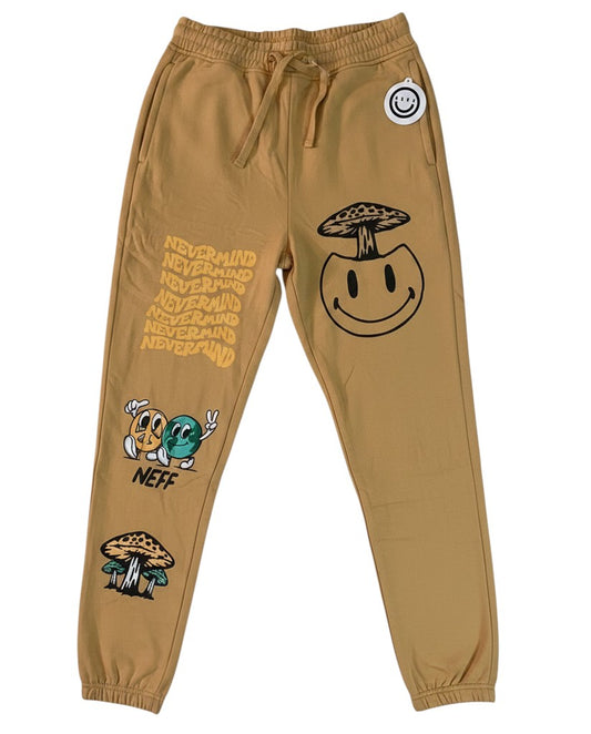 Throwback Rack yellow cotton blend sweatpants with mushroom smiley face and graphic prints. Elastic waist and cuffs.