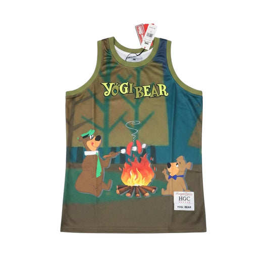 Throwback Rack Yogi Bear Jellystone Park basketball jersey featuring a campfire graphic on olive green polyester mesh