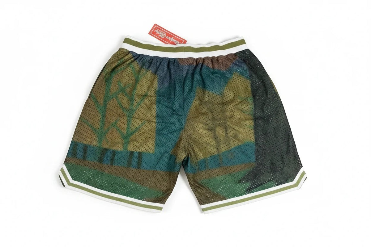 Throwback Rack Yogi Bear Jellystone Park basketball shorts in green mesh with forest print and striped trim