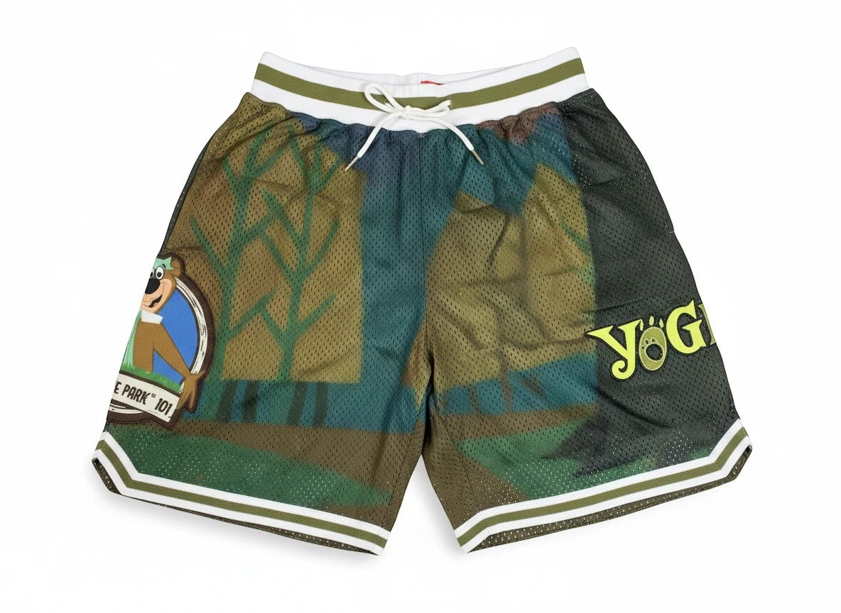Throwback Rack Yogi Bear Jellystone Park basketball shorts in green mesh with embroidered character patch