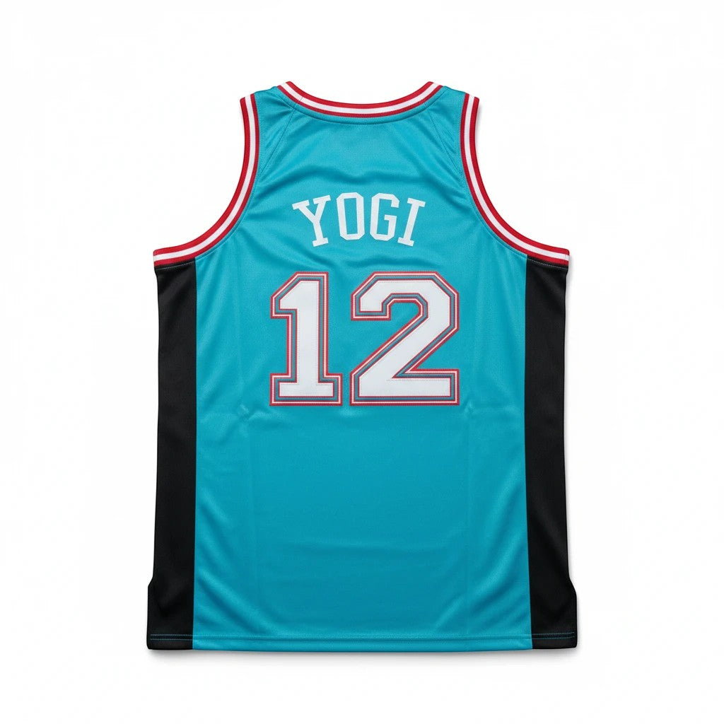 Throwback Rack Yogi Bear Vancouver basketball jersey in teal with white number 12 and red trim, back view.