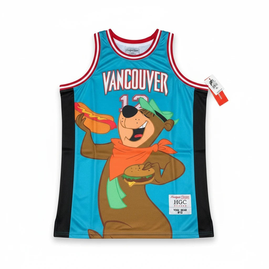 Throwback Rack Yogi Bear Vancouver basketball jersey in blue with embroidered graphics and black side panels.