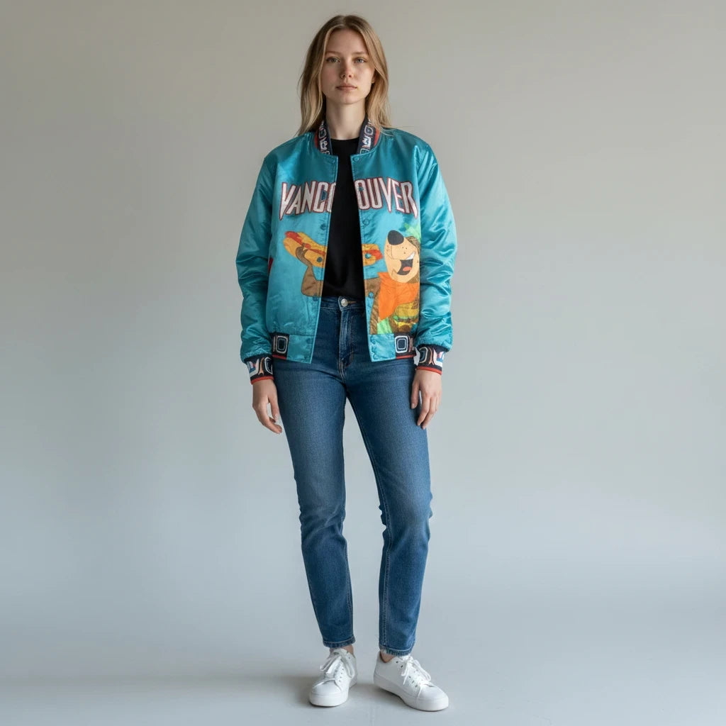Model wearing a blue satin Throwback Rack Yogi Bear Vancouver streetwear jacket with embroidered patches.
