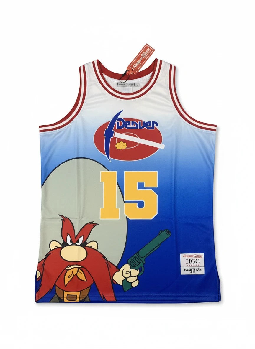 Throwback Rack Yosemite Sam Denver basketball jersey in white and blue gradient with number 15 and character graphic.