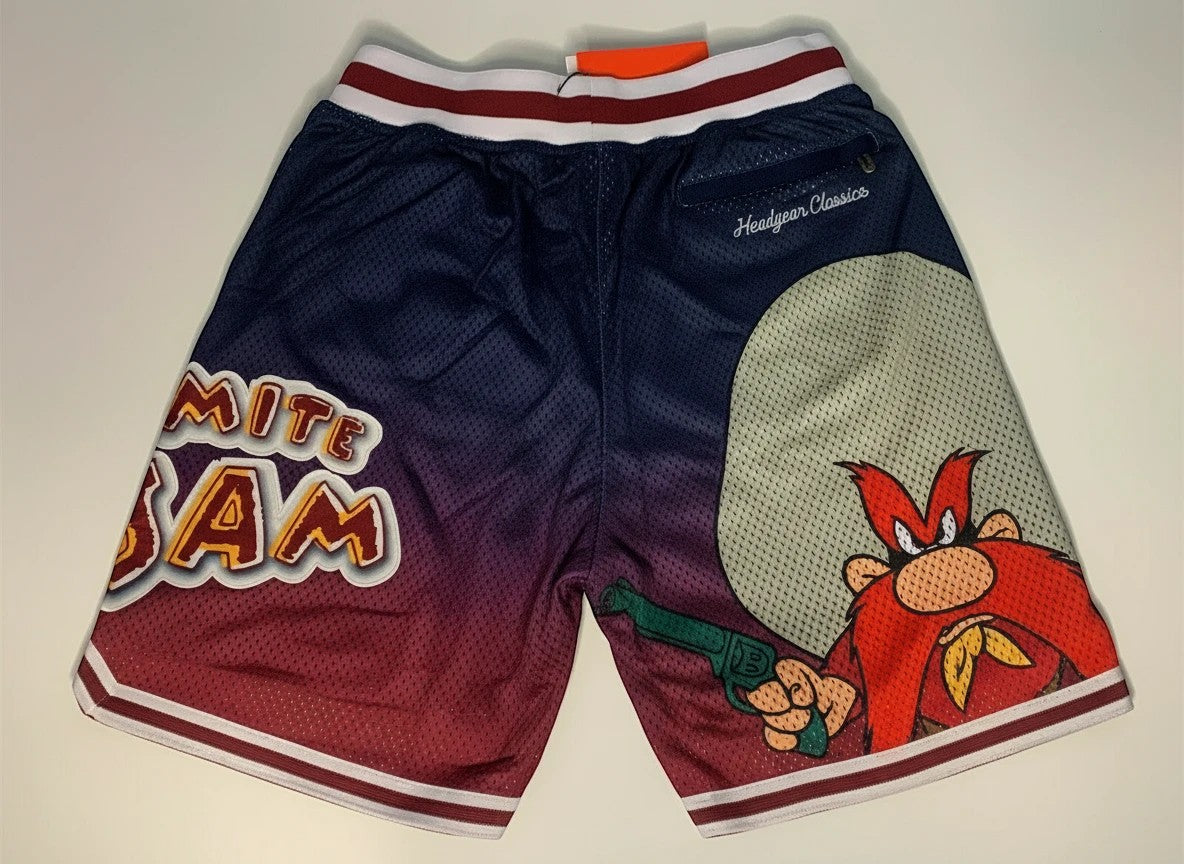 Throwback Rack Headgear Classics Yosemite Sam basketball shorts in navy and red mesh with rear zipper pockets.