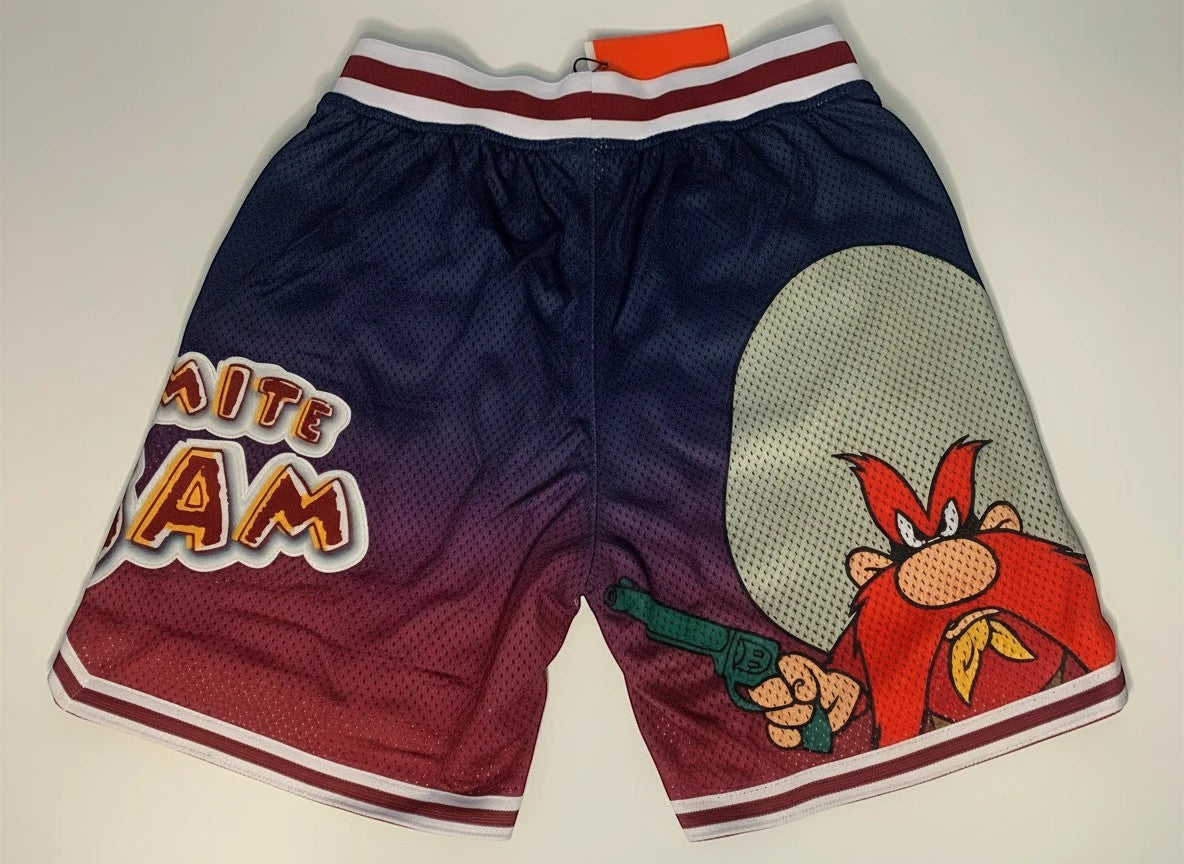 Throwback Rack Yosemite Sam basketball shorts in blue and red mesh with character graphic and striped waistband