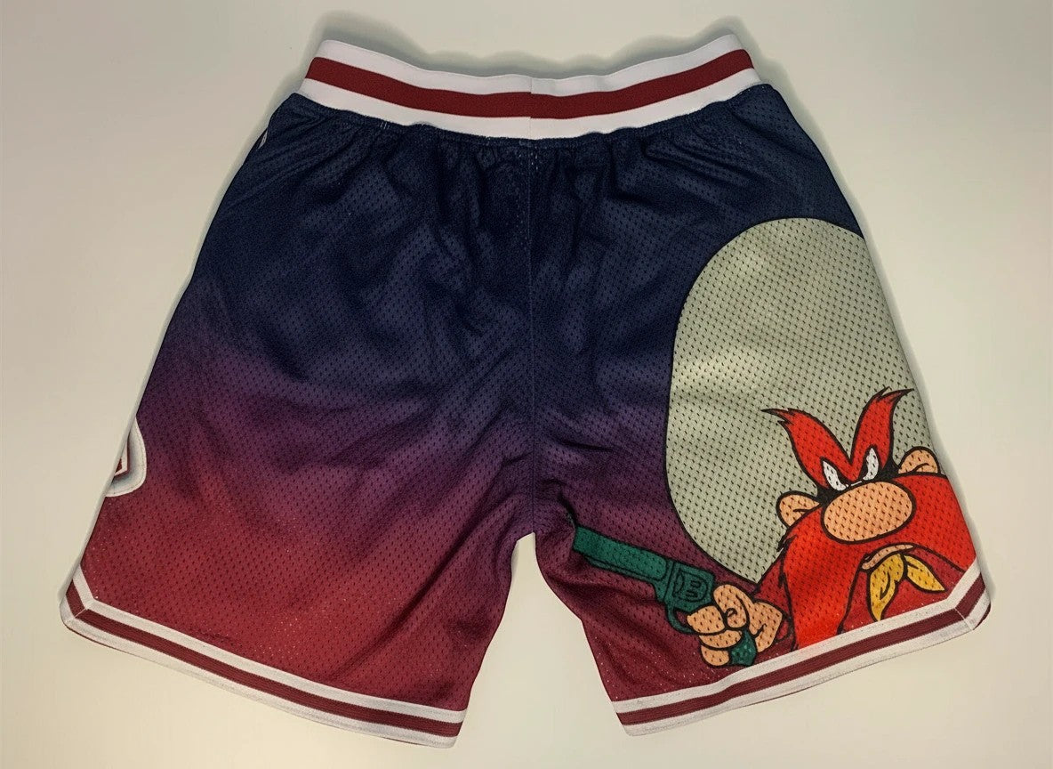 Throwback Rack Yosemite Sam basketball shorts in blue and red mesh with elastic waistband and graphic print