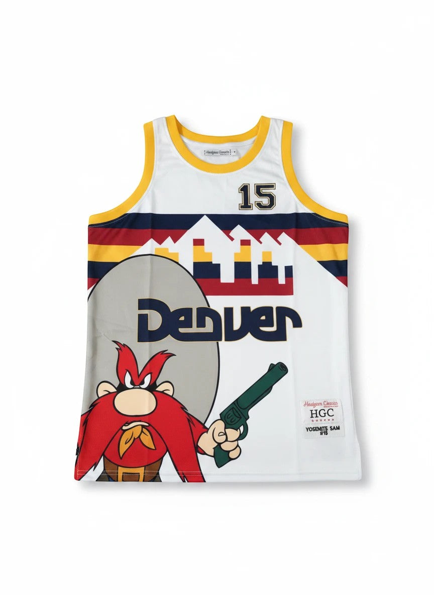 Throwback Rack Yosemite Sam Denver Basketball Jersey white with mountain graphic, Denver text, and Yosemite Sam character. Number 15.