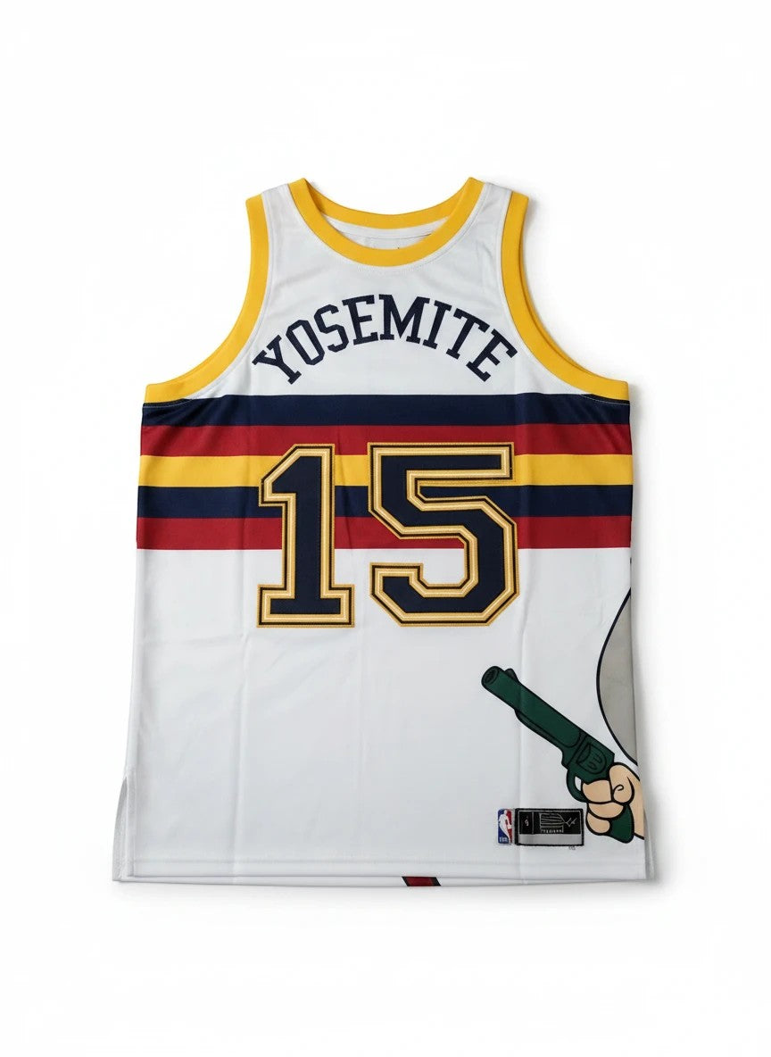 Throwback Rack Yosemite Sam Denver Basketball Jersey white with navy, red, yellow stripes and number 15.