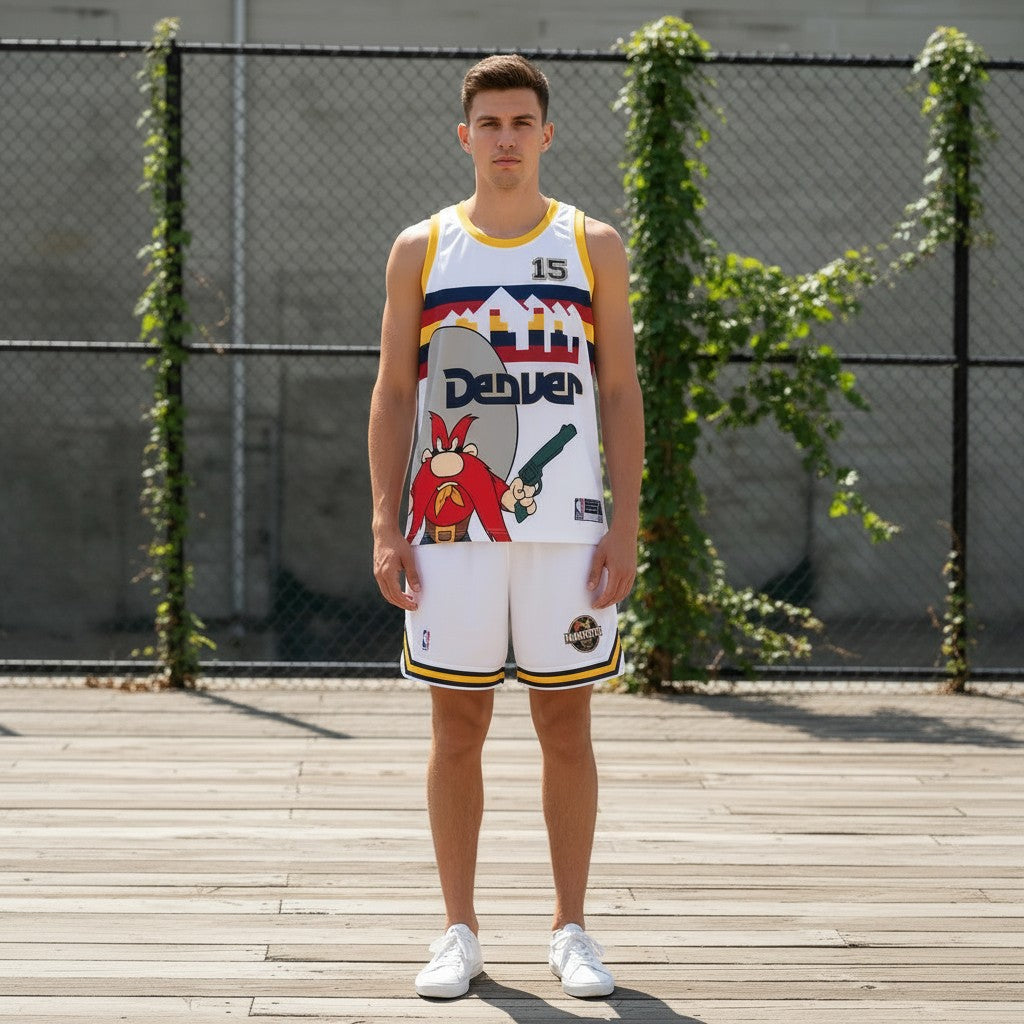 Throwback Rack white Yosemite Sam Denver basketball jersey with yellow trim and matching shorts.