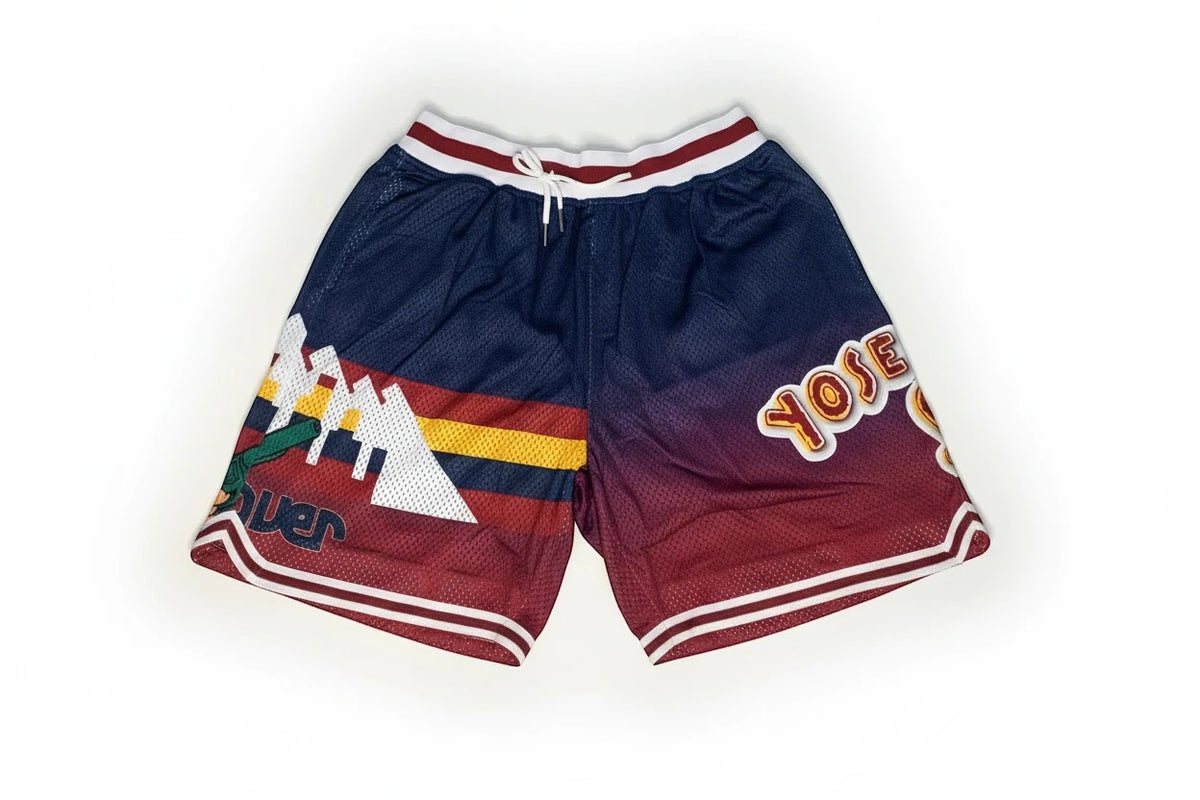 Throwback Rack Yosemite Sam Denver basketball shorts in navy and red mesh with embroidered team graphics
