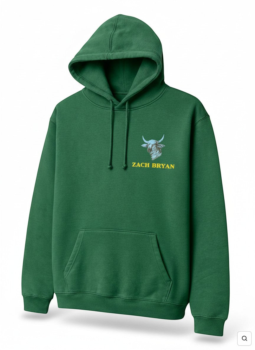 Throwback Rack forest green cotton blend hoodie with Highland bull graphic and Zach Bryan text on chest.