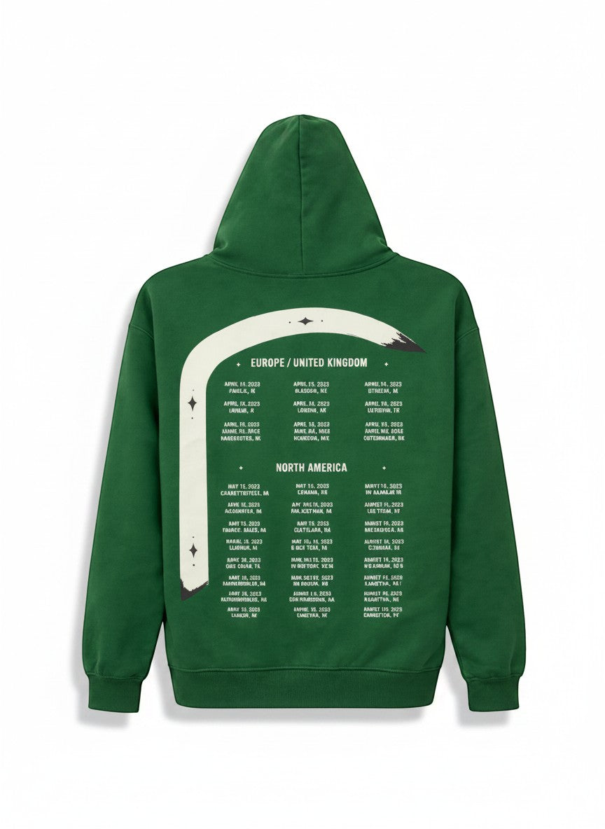 Throwback Rack forest green cotton blend hoodie featuring Zach Bryan's "Burn, Burn, Burn" tour dates on the back.