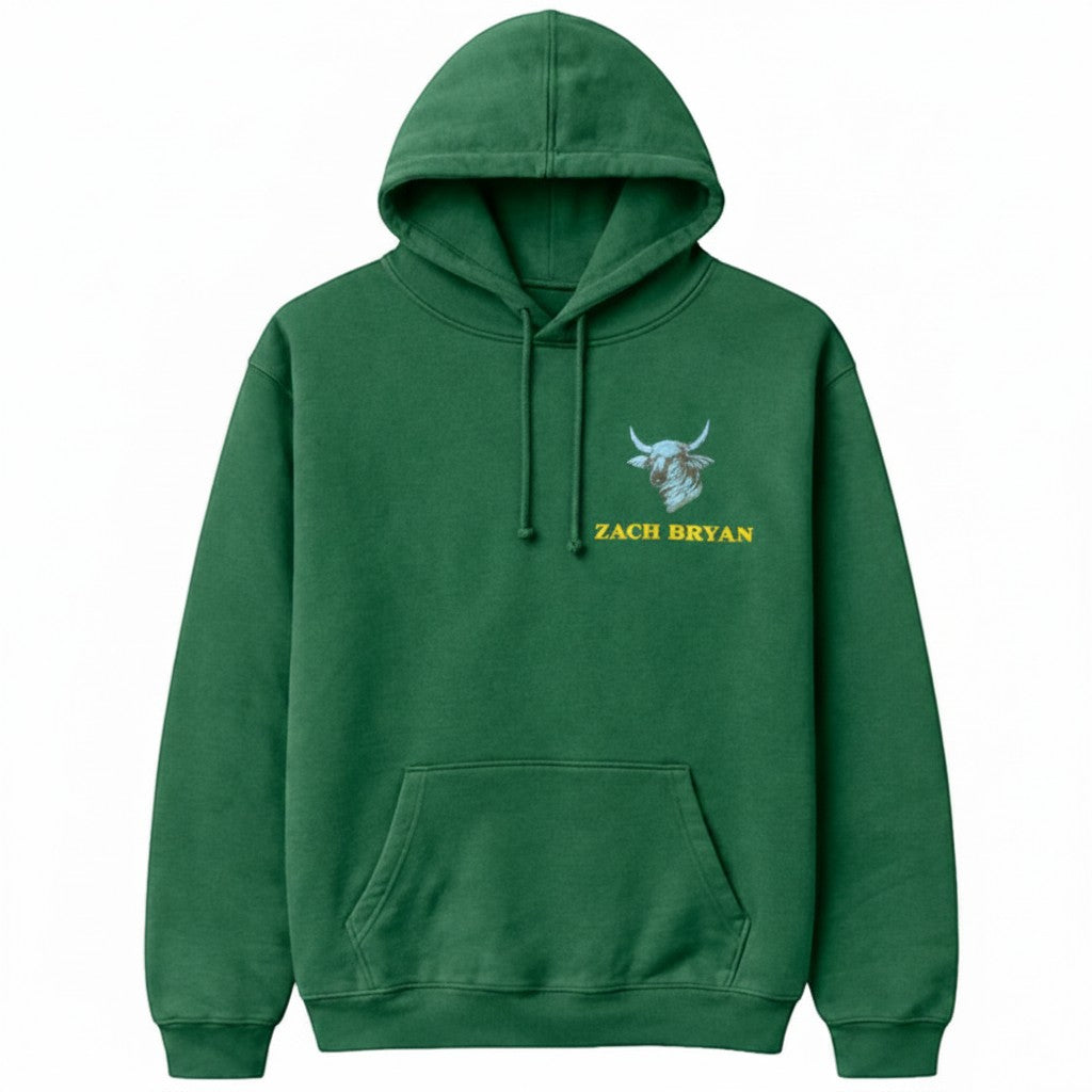 Throwback Rack green cotton hoodie with a bull graphic and Zach Bryan text. Features a drawstring hood and front pocket.