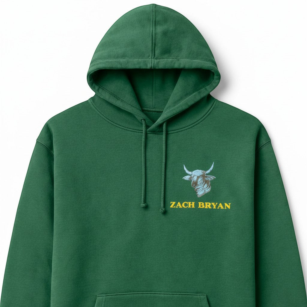 Throwback Rack forest green cotton blend hoodie with Zach Bryan and Highland bull graphic on chest. Features tour dates on back.