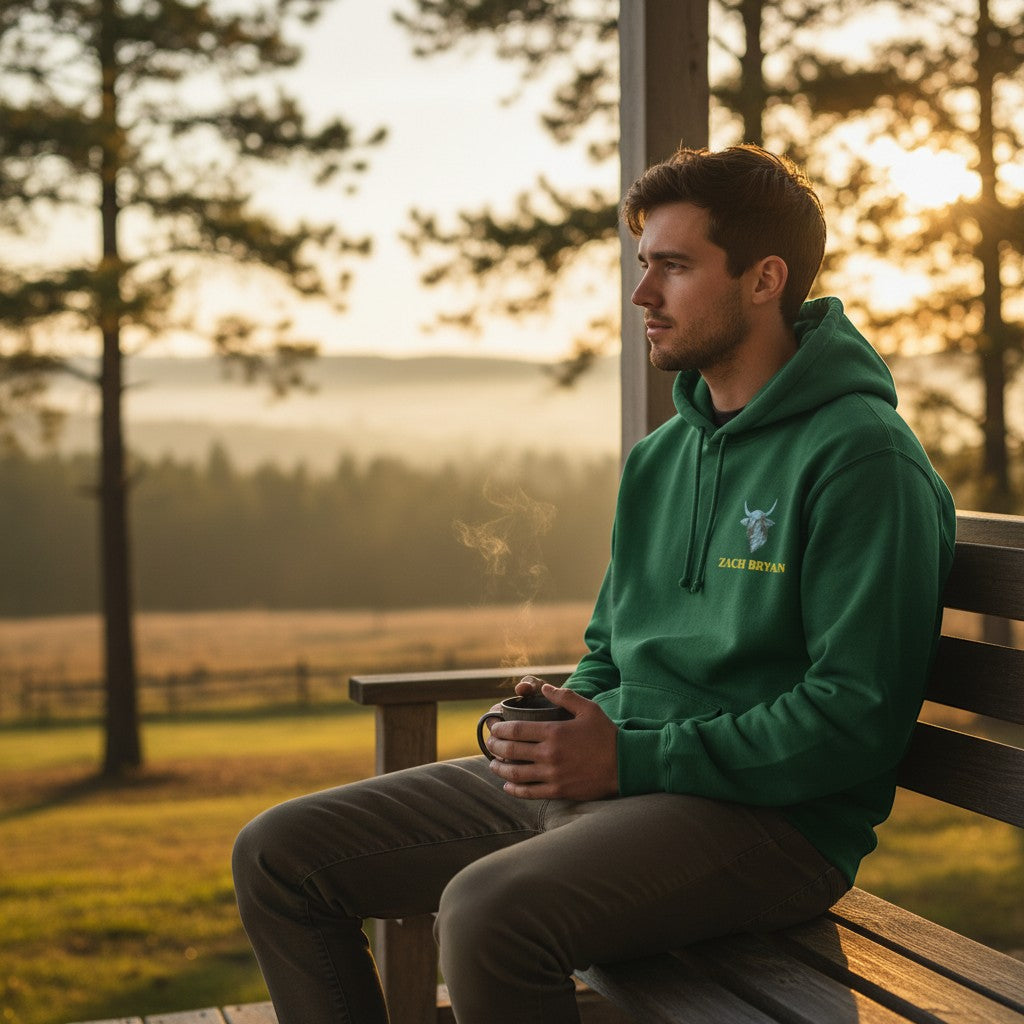 Throwback Rack forest green cotton blend hoodie with Zach Bryan Highland bull graphic on chest,
