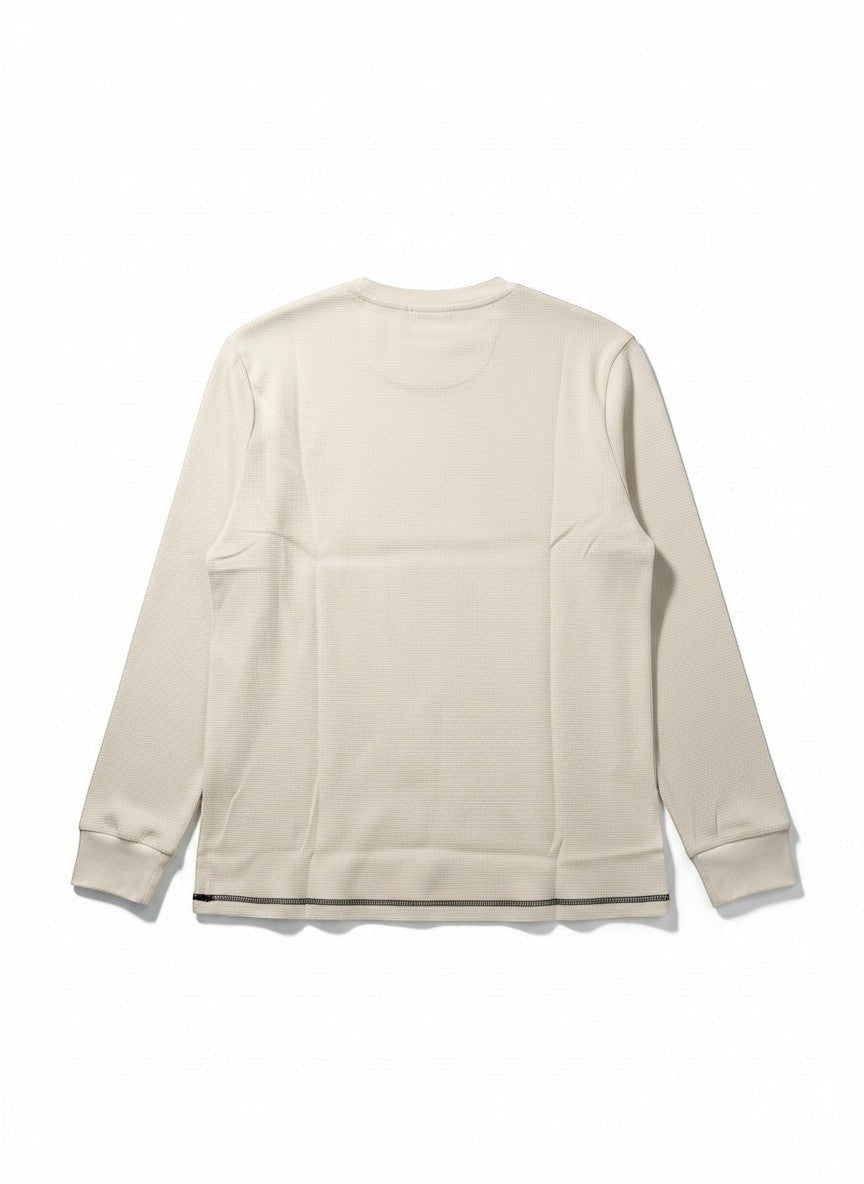 Throwback Rack beige waffle-knit thermal long sleeve shirt with a classic fit and subtle branding.